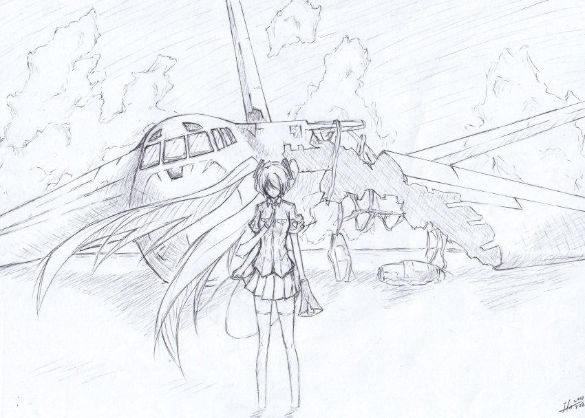 1girl aircraft airplane b-52_stratofortress bad_id bad_pixiv_id cable cloud female_focus greyscale hair_over_eyes hatsune_miku heavy_bomber highres koi_wa_sensou_(vocaloid) long_hair megaphone monochrome necktie outdoors penetrator_(aircraft) phantania ruins signature sketch skirt sky solo strategic_bomber thighhighs traditional_media very_long_hair vocaloid wading water wind