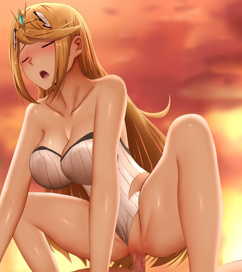 1boy 1girl blonde_hair blush breasts censored circlet closed_eyes clothing_aside collarbone cow_girl cowgirl_position ginhaha hetero highres large_breasts long_hair mosaic_censoring mythra_(radiant_beach)_(xenoblade) mythra_(xenoblade) one-piece_swimsuit open_mouth outdoors penis public_indecency public_nudity pussy rex_(xenoblade) sex solo_focus straddling strapless strapless_one-piece_swimsuit sunset swept_bangs swimsuit swimsuit_aside very_long_hair white_one-piece_swimsuit xenoblade_chronicles_(series) xenoblade_chronicles_2
