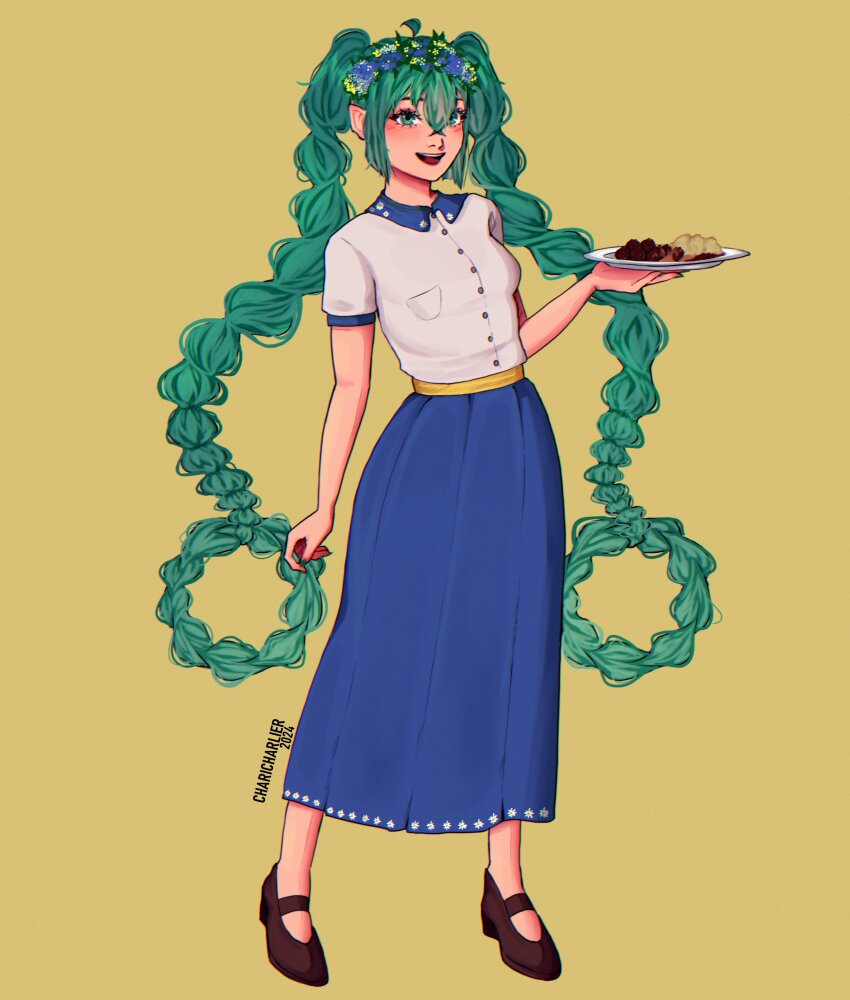 1girl 2024 absurdres alternate_hair_color blue_skirt breasts brown_shoes charicharlier flower_wreath food full_body green_eyes green_hair hair_rings hatsune_miku highres holding holding_plate long_hair long_skirt mary_janes mashed_potatoes meatball midsummer plate pointy_ears sash shirt shoes short_sleeves skirt small_breasts smile solo sweden very_long_hair vocaloid white_shirt worldwide_miku yellow_background yellow_sash