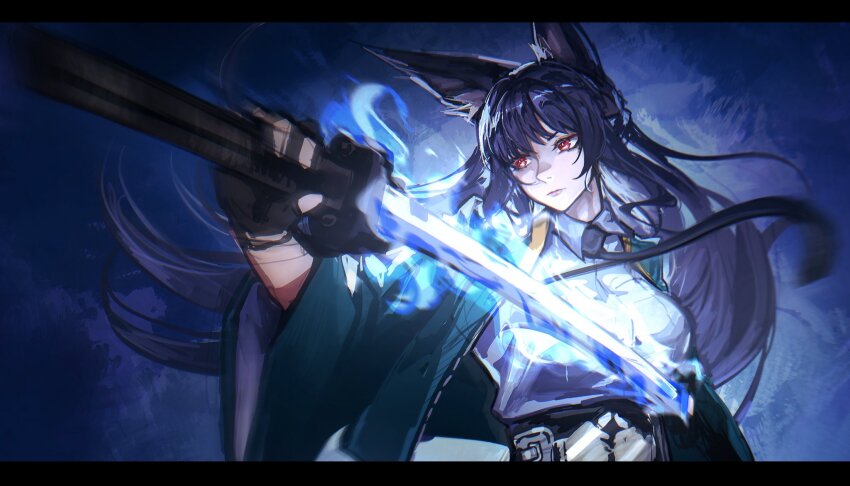 1girl animal_ears aqua_jacket black_gloves black_hair black_necktie breasts closed_mouth collared_shirt commentary deka_yo drawing_sword fingerless_gloves floating_hair fox_ears fox_girl gloves highres holding holding_sword holding_weapon hoshimi_miyabi jacket katana large_breasts letterboxed long_hair looking_ahead necktie red_eyes scabbard sheath shirt shirt_tucked_in solo sword unsheathing upper_body very_long_hair weapon white_shirt zenless_zone_zero
