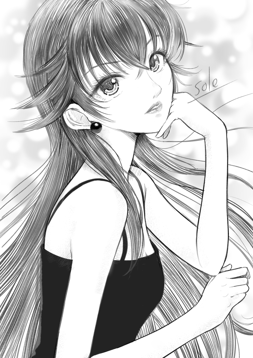 1girl akira_ferrari aria_(manga) bare_shoulders breasts cleavage commentary_request crossed_bangs dress earrings eyelashes from_side greyscale hands_up head_tilt highres jewelry lips long_hair looking_at_viewer monochrome parted_lips sidelocks sketch sleeveless sleeveless_dress small_breasts solo telaform upper_body