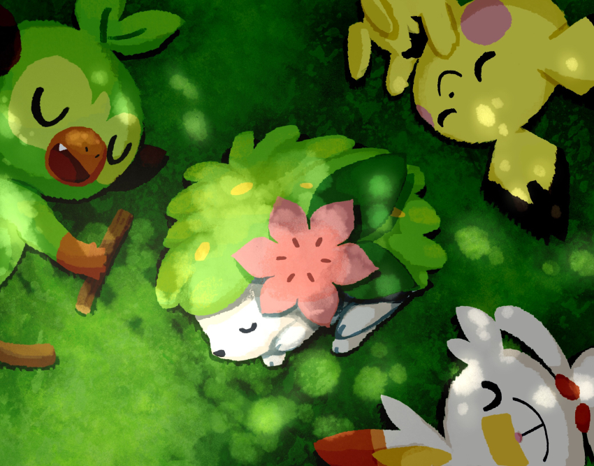 aruco_co closed_eyes closed_mouth commentary day fang gen_2_pokemon gen_4_pokemon gen_8_pokemon grass grookey highres legendary_pokemon lying mythical_pokemon nintendo no_humans on_back on_side open_mouth outdoors pichu pokemon pokemon_(creature) scorbunny shaymin sleeping smile