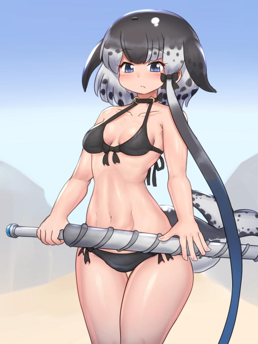 1girl abs animal_ears bikini black_bikini blue_eyes blush breasts cetacean_tail dolphin_girl dorsal_fin drillhorn_sword fins fish_tail grey_hair highres kemono_friends kemono_friends_3 looking_at_viewer medium_breasts mo23 multicolored_hair narwhal_(kemono_friends) short_hair short_hair_with_long_locks solo swimsuit tail white_hair