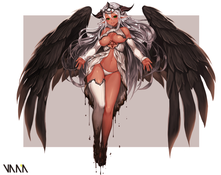 1girl animal_ears baphome black_wings breasts chocolate dark-skinned_female dark_skin demon_girl demon_horns detached_sleeves dirty dirty_feet dripping female_focus full_body green_eyes highres horns long_hair looking_at_viewer navel original panties pentacle revealing_clothes silver_hair simple_background single_thighhigh smile solo thighhighs tiara underboob underwear vana very_long_hair white_panties white_thighhighs wings