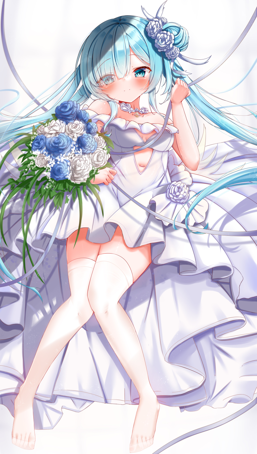 absurdres ayayayu_na azur_lane blue_eyes blue_flower blue_hair blush bouquet breasts closed_mouth clothing_cutout dress eyes_visible_through_hair flower frilled_dress frills hair_flower hair_ornament hair_over_one_eye highres holding holding_bouquet janus_(azur_lane) janus_(oath_under_the_morning_sun)_(azur_lane) looking_at_viewer navel navel_cutout official_alternate_costume simple_background small_breasts smile thighhighs wedding_dress white_background white_dress white_flower white_thighhighs