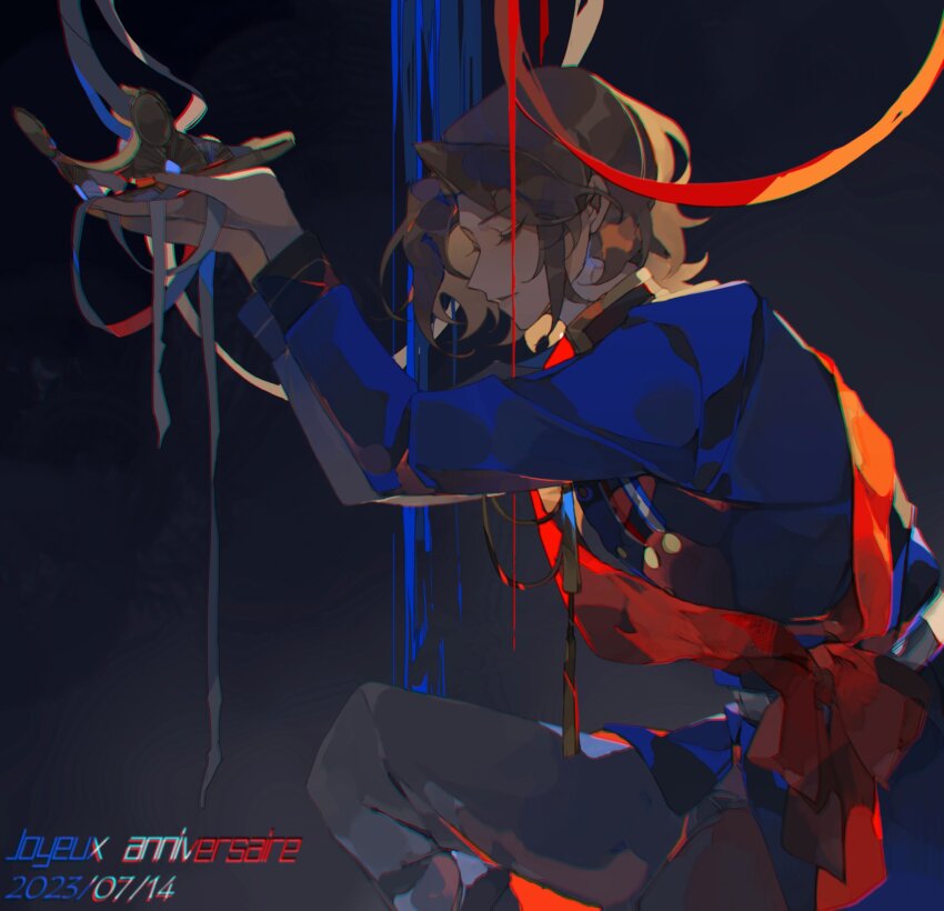 1boy absurdres axis_powers_hetalia blonde_hair blue_jacket closed_eyes crown cyuer11 dated france_(hetalia) french_text highres holding holding_crown jacket male_focus medium_hair on_one_knee pants red_sash ribbon sash smile solo
