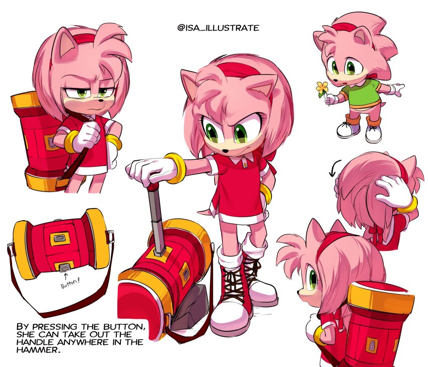 absurdres aged_down amy_rose backpack bag boots dress green_eyes hammer highres isa_illustrate legs medium_hair paramount_pictures pink_fur shirt sonic_(live_action) sonic_(series) sonic_the_hedgehog_(movie) sticker toddler toy_hammer