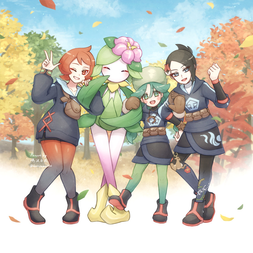 3girls absurdres arezu_(pokemon) black_boots black_hair black_skirt blush_stickers boots bracelet brown_bag cloud commentary_request cowlick day diamond_clan_outfit falling_leaves green_eyes green_hair green_pantyhose hand_on_own_hip highres hisuian_lilligant jacket jewelry leaf long_hair long_sleeves looking_at_viewer mai_(pokemon) multiple_girls narusawa_byakuya nintendo one_eye_closed outdoors pantyhose pigeon-toed pokemon pokemon_(creature) pokemon_legends:_arceus sabi_(pokemon) shorts skirt sky smile tree twintails