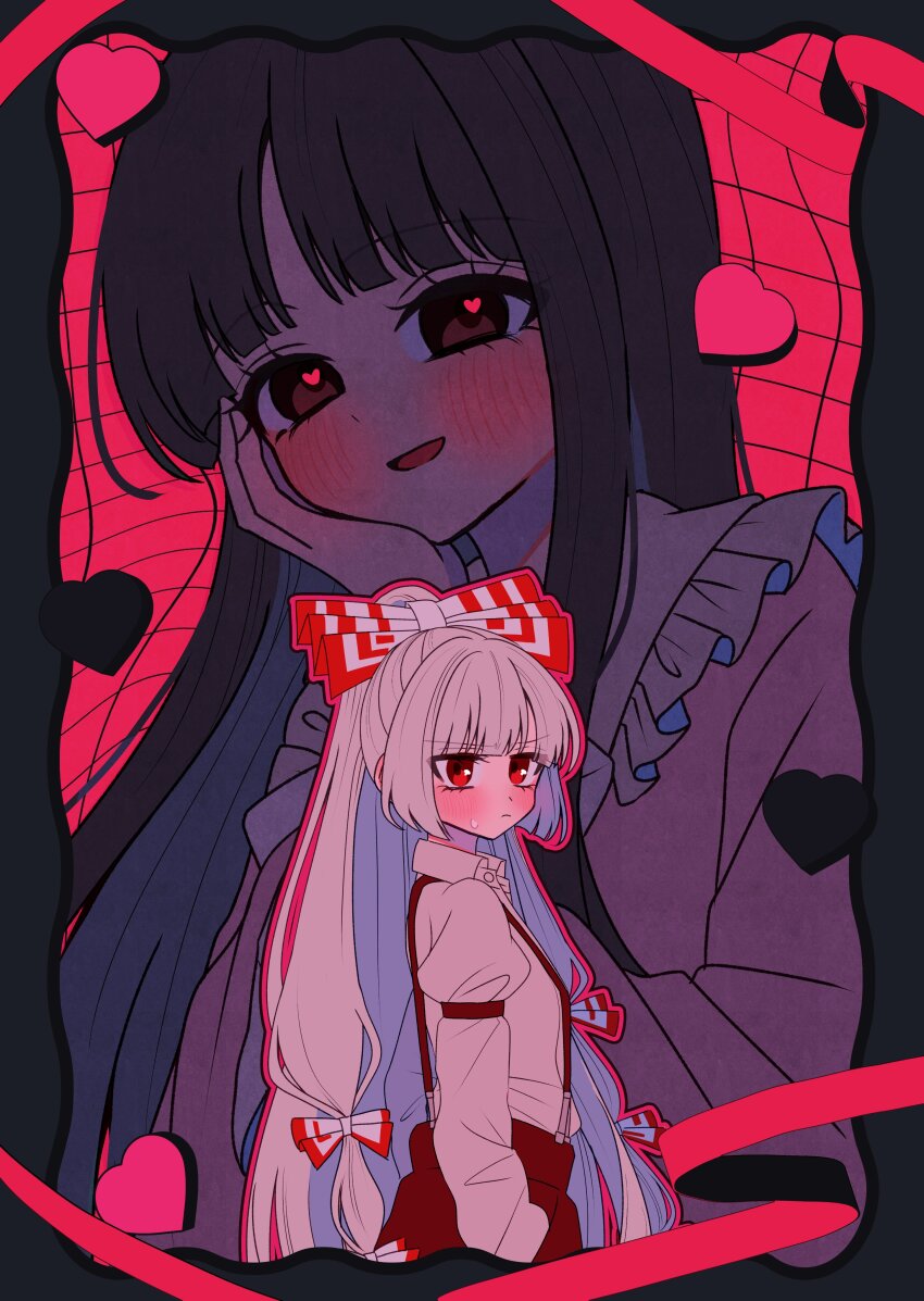 2girls absurdres black_hair blush bow closed_mouth collared_shirt colored_inner_hair commentary frilled_shirt_collar frills fujiwara_no_mokou grey_hair grey_shirt hair_bow hand_in_pocket hand_on_own_cheek hand_on_own_face heart heart_in_eye highres houraisan_kaguya long_hair long_sleeves looking_at_viewer multicolored_hair multiple_girls multiple_hair_bows open_mouth pants pink_shirt red_eyes shirt smile suspenders sweatdrop symbol_in_eye tamiko_(tamik0224) touhou very_long_hair