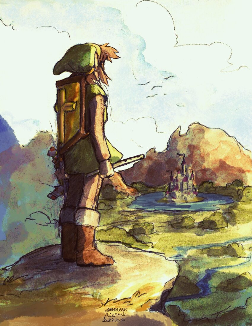 1boy absurdres brown_footwear brown_hair brown_shirt castle dated facing_away flock flute full_body green_headwear highres holding holding_instrument holding_sword holding_weapon instrument link male_focus nintendo outdoors pointy_ears shield shield_on_back shirt short_hair signature standing sword the_legend_of_zelda weapon yasmeen zelda_ii:_the_adventure_of_link