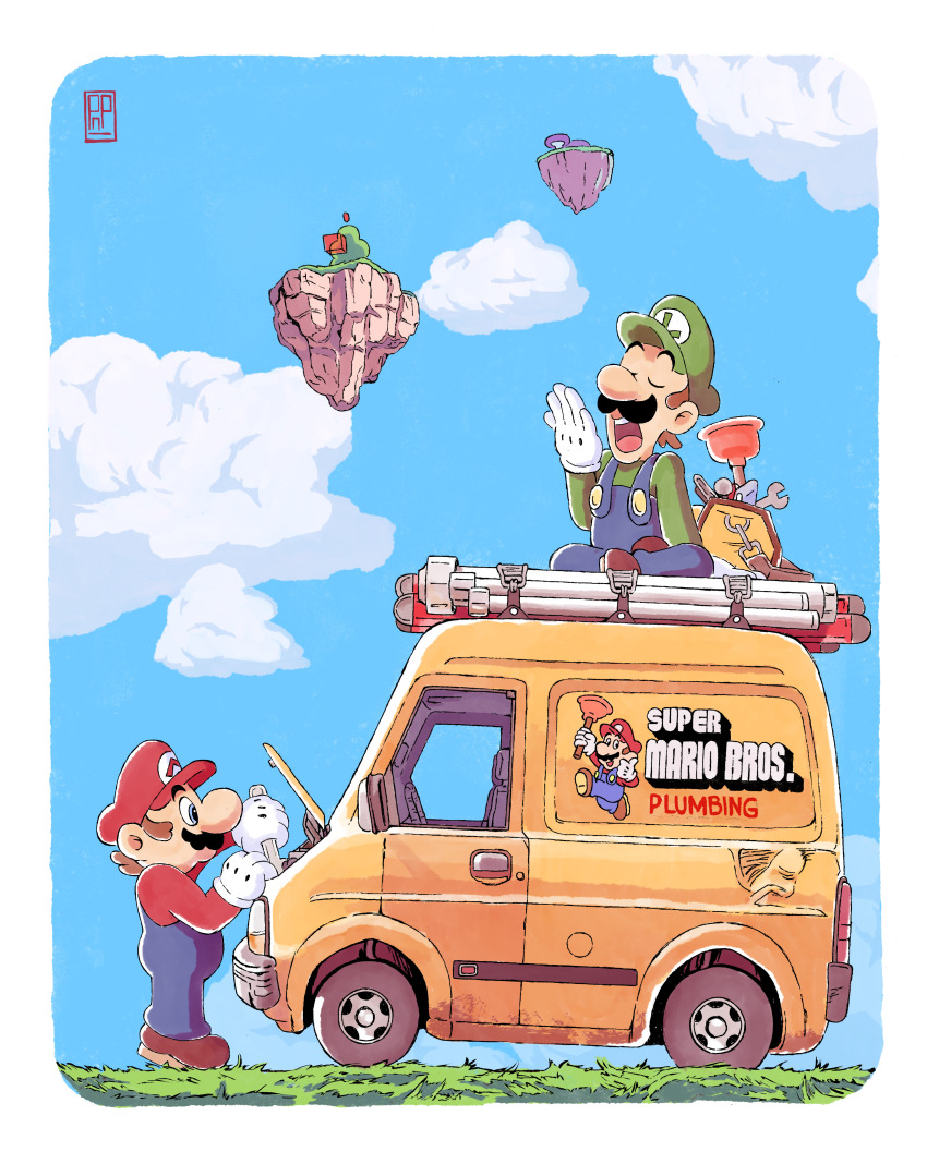 2boys absurdres black_facial_hair blue_eyes blue_overalls blue_sky border brothers brown_footwear brown_hair car closed_eyes commentary english_commentary facial_hair floating_island gloves grass green_headwear green_shirt hat highres ladder long_sleeves luigi male_focus mario mario_(series) motor_vehicle multiple_boys mustache nintendo on_car on_van outdoors overalls plumber plunger pontoffel_nopockets red_headwear red_shirt repairing shirt siblings sitting sky the_super_mario_bros._movie van white_border white_gloves yawning