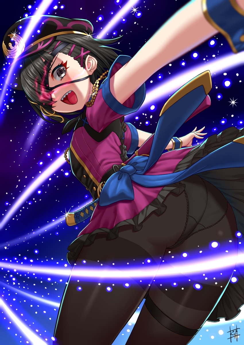 1girl ass black_hair black_hat black_pantyhose blush breasts dress eyepatch fate/grand_order fate_(series) glowing glowing_eye grey_eyes guriguri_(arayotto4351) hair_over_one_eye hat highres katana looking_at_viewer mysterious_ranmaru_x_(fate) open_mouth panties panties_under_pantyhose pantyhose peaked_cap purple_dress sharp_teeth short_hair short_sleeves small_breasts smile solo star_(sky) starry_sky_background sword teeth thighband_pantyhose thighs underwear weapon wrist_cuffs