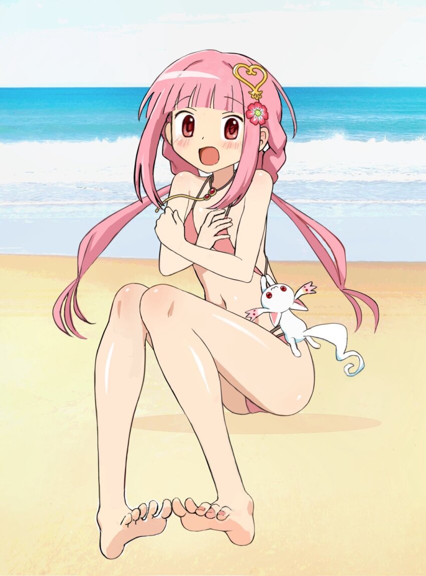 1girl bare_arms bare_legs bare_shoulders barefoot beach bikini blue_sky blunt_bangs braid crossed_arms day dot_nose feet flower flustered full_body hair_flower hair_ornament heart heart_hair_ornament highres knees_up light_blush long_hair looking_at_viewer low_twintails magia_record:_mahou_shoujo_madoka_magica_gaiden mahou_shoujo_madoka_magica midriff navel ocean official_alternate_costume okken on_ground open_mouth outdoors pink_bikini pink_flower pink_hair shadow side_braids sidelocks sitting sky small_kyubey solo stomach swimsuit tamaki_iroha tamaki_iroha_(swimsuit_ver.) tareme toenails toes twin_braids twintails very_long_hair