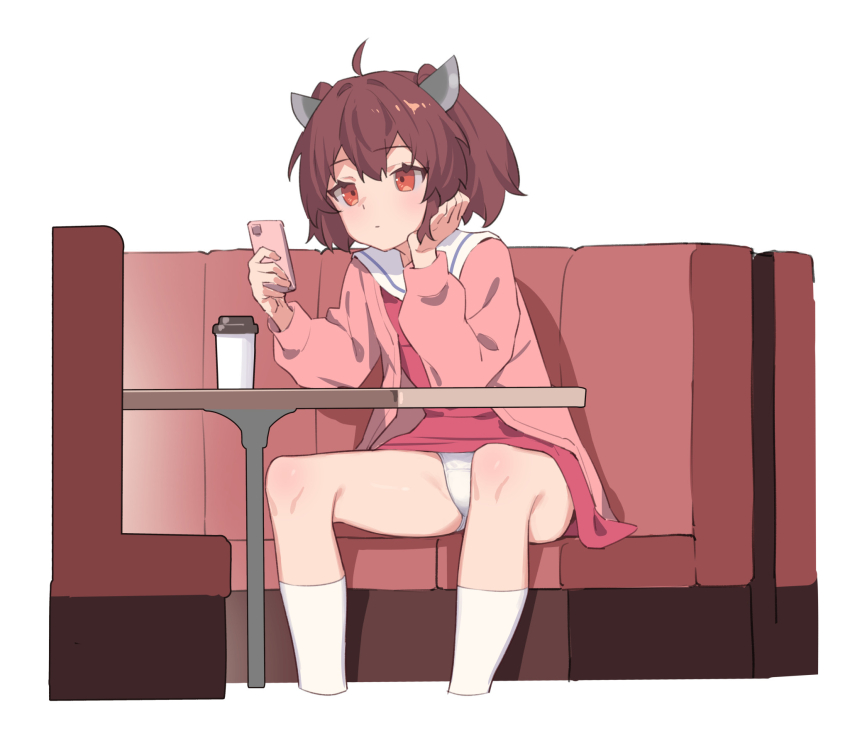 1girl ahoge brown_hair cardigan cellphone dress expressionless flat_chest headgear highres open_cardigan open_clothes panties pantyshot phone pink_cardigan red_eyes sailor_dress short_hair sitting smartphone solo touhoku_kiritan underwear voiceroid white_panties yamamomo_(plank)