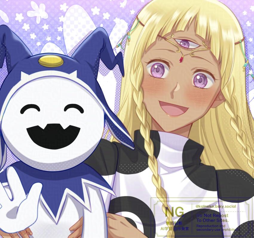 1girl :d ^_^ arched_bangs atlus blonde_hair blush braid circlet closed_eyes commentary company_connection dark-skinned_female dark_skin english_commentary eupha_(metaphor:_refantazio) highres jack_frost_(megami_tensei) katarina_neko long_hair metaphor:_refantazio open_mouth purple_background purple_eyes shin_megami_tensei smile third_eye twin_braids watermark waving