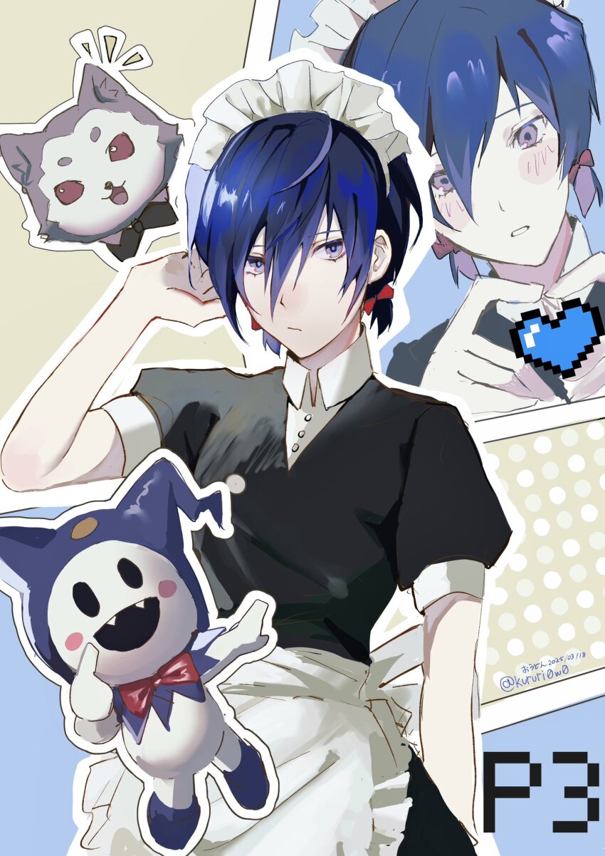 1boy four-finger_heart_hands :/ animal apron arm_behind_head arm_up back_bow black_dress blue_hair blush_stickers bow bowtie closed_mouth commentary_request crossdressing dog dress fangs hair_between_eyes hair_bow heart heart_hands highres jack_frost_(megami_tensei) juliet_sleeves koromaru_(persona) long_sleeves looking_at_hands maid maid_apron maid_headdress male_focus male_maid open_mouth persona persona_3 pixel_heart puffy_sleeves red_bow red_bowtie red_eyes short_hair short_sleeves twitter_username white_apron white_bow wing_collar yonglai_tian yuuki_makoto_(persona_3)