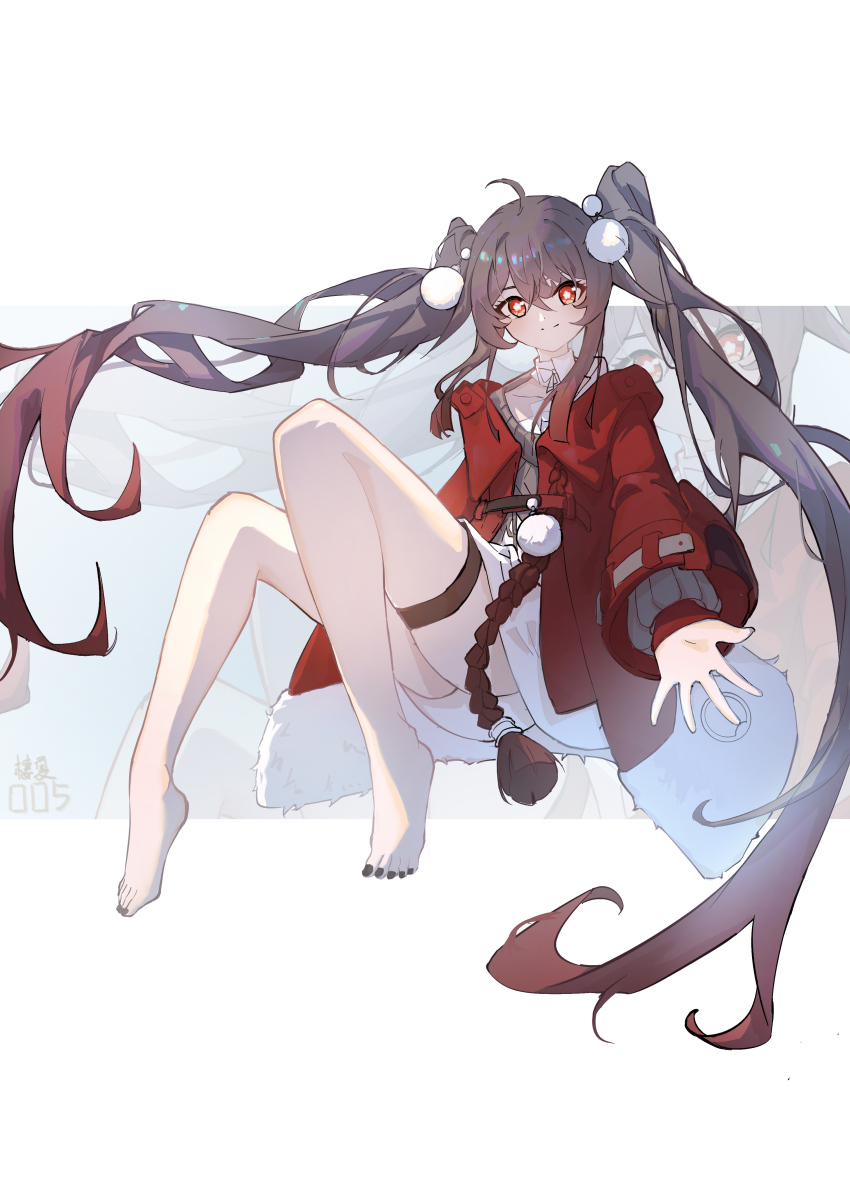 1girl absurdres ahoge barefoot brown_eyes brown_hair clara_(honkai:_star_rail) clara_(honkai:_star_rail)_(cosplay) cosplay dress feet floating_hair flower-shaped_pupils genshin_impact hair_ornament highres honkai:_star_rail honkai_(series) hu_tao_(genshin_impact) jacket knees_up legs long_hair long_sleeves looking_at_viewer mihoyo nail_polish outstretched_arm qixia red_jacket simple_background smile solo symbol-shaped_pupils thigh_strap toenail_polish toenails toes twintails very_long_hair white_background white_dress