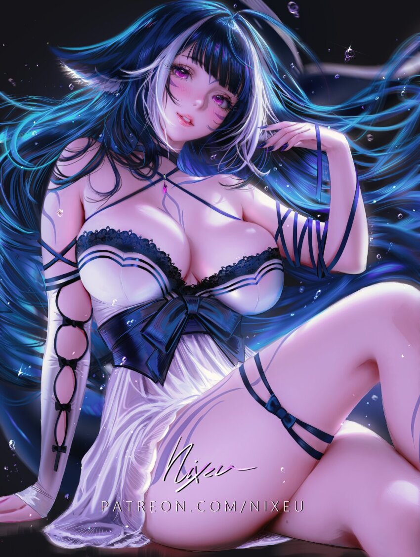 1girl babydoll bare_shoulders black_bow blue_hair blue_nails blunt_bangs blush body_markings bow breasts cleavage commentary crossed_legs fingernails hand_up highres indie_virtual_youtuber lace_trim large_breasts lips long_hair looking_at_viewer nail_polish nixeu parted_lips patreon_username purple_eyes shylily signature sitting solo thigh_strap very_long_hair