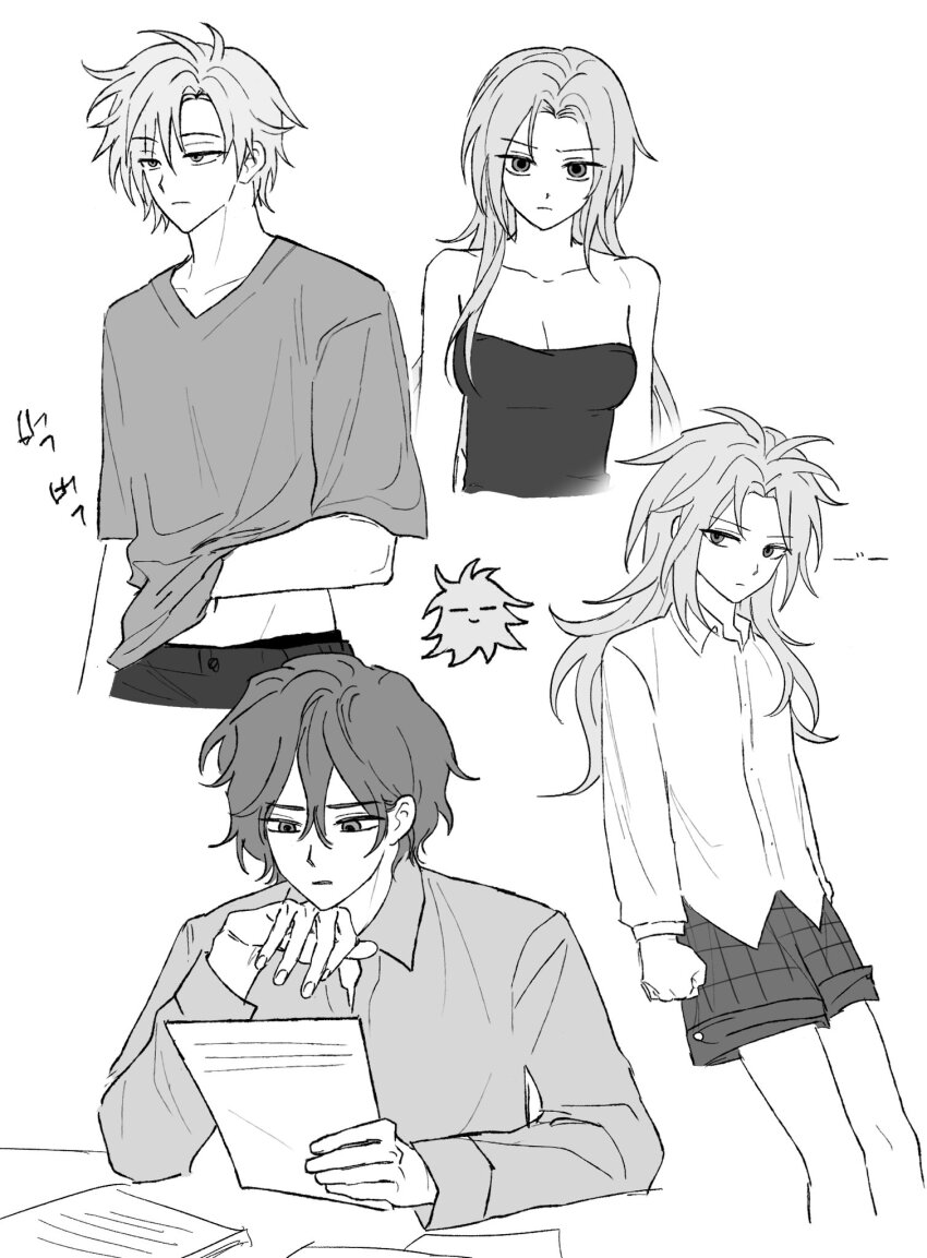 1girl 3boys breasts cleavage closed_mouth collared_shirt commentary_request enomoto_noa greyscale hair_between_eyes hair_down hand_under_clothes hand_under_shirt hatsutori_hajime hehesmm highres holding holding_paper kanou_aogu korean_commentary korean_text long_hair long_sleeves male_focus monochrome multiple_boys navel paper saibou_shinkyoku shirt short_hair short_sleeves shorts simple_background translation_request utsugi_noriyuki white_background