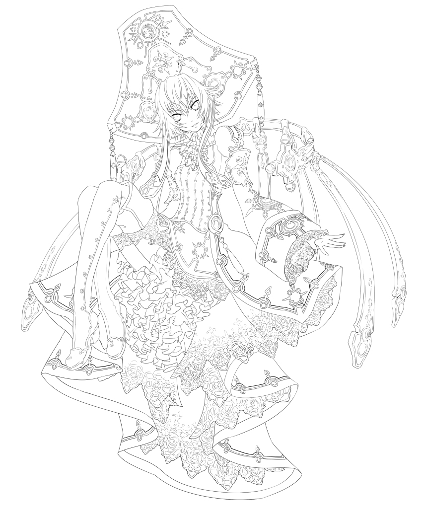 00s 1girl absurdres androgynous ascot boots brooch dress female_focus flat_chest frills greyscale hat head_tilt headdress highres jewelry lace lineart looking_at_viewer monochrome osamu_(jagabata) seth_nightroad short_hair sitting smile solo thigh_boots thighhighs trinity_blood