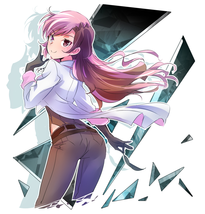1girl ass bang_(gesture) belt black_gloves brown_eyes brown_hair brown_pants closed_mouth clothing_cutout commentary_request feathers finger_gun floating_hair from_behind gloves heterochromia highres holding holding_feather iesupa index_finger_raised jacket jewelry long_hair looking_at_viewer looking_back multicolored_hair necklace neopolitan_(rwby) pants pink_eyes pink_hair rwby shadow smile solo split-color_hair two-tone_hair white_jacket