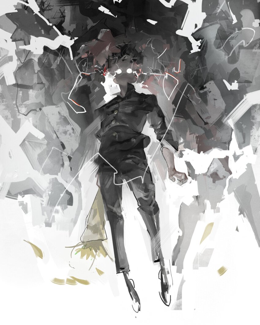 1boy absurdres black_hair black_jacket black_pants bouquet debris eyes_in_shadow floating floating_hair flower full_body gakuran highres holding holding_bouquet jacket kageyama_shigeo kanji_(nievart) levitation male_focus mob_psycho_100 pants school_uniform sleeves_rolled_up solo white_eyes