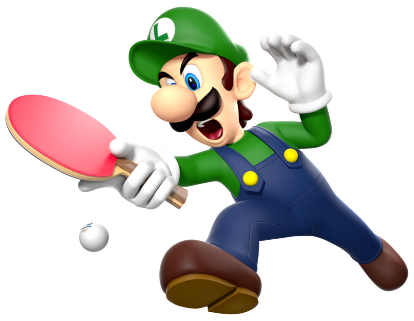 1boy 2016_summer_olympics 3d arms_up ball big_nose blue_eyes blue_overalls brown_hair brown_shoes buttons cabbie_hat clothes_writing facial_hair full_body gloves green_hat green_shirt hat highres holding holding_table_tennis_paddle jumping long_sleeves looking_down luigi male_focus mario_&amp;_sonic_(series) mario_&amp;_sonic_at_the_rio_2016_olympic_games mario_(series) mustache nintendo official_art olympic_rings olympics open_mouth outstretched_arm overalls paddle serious shirt shoes short_hair simple_background solo table_tennis table_tennis_ball table_tennis_paddle teeth third-party_source tongue transparent_background v-shaped_eyebrows white_gloves