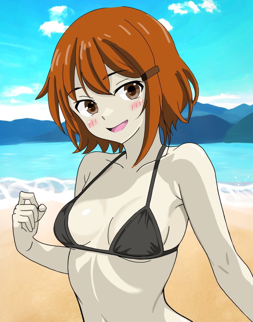 1girl beach bikini bikini_day black_bikini blue_sky bone_namu(namu49850) breasts brother_and_sister brown_hair cloud commentary_request day hair_ornament hairclip highres ikazuchi_(kancolle) kantai_collection mountainous_horizon ocean outdoors short_hair siblings sky small_breasts solo swimsuit upper_body