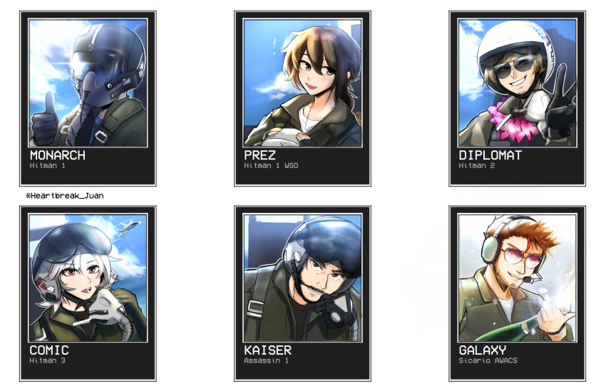 2girls 4boys aircraft airplane beard black_gloves black_hair bottle brown_hair comic_(project_wingman) diplomat_(project_wingman) facial_hair fighter_jet freckles galaxy_(project_wingman) gloves heartbreak_juan helmet highres holding holding_bottle kaiser_(project_wingman) military military_vehicle monarch_(project_wingman) multiple_boys multiple_girls pilot pilot_helmet prez_(project_wingman) project_wingman red_eyes sunglasses thumbs_up v white_hair