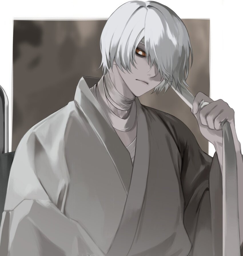 1boy bandaged_neck bandages brown_background brown_sclera colored_sclera grey_eyes grey_hair grey_kimono hair_over_one_eye highres homicidal_dr homicipher japanese_clothes kimono korean_commentary looking_at_viewer male_focus mr._wheelchair second-party_source short_hair solo upper_body