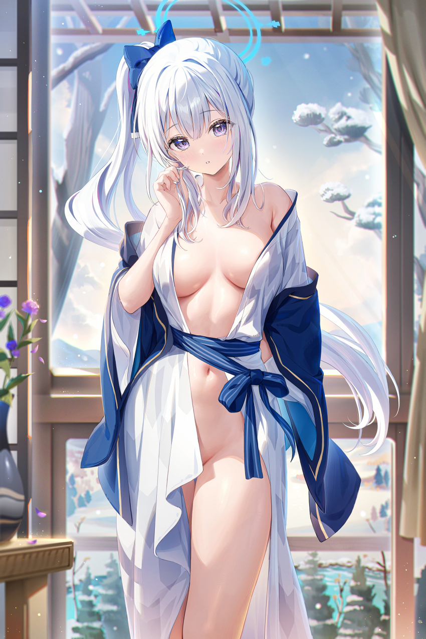 1girl absurdres alternate_costume architecture blue_archive blue_bow blue_hair blue_halo blush bottomless bow breasts commentary_request east_asian_architecture facing_viewer feet_out_of_frame hair_bow halo hand_up highres houkisei indoors japanese_clothes kimono light_blue_hair long_hair looking_at_viewer medium_breasts miyako_(blue_archive) naked_kimono navel no_bra no_panties open_clothes open_kimono open_mouth ponytail purple_eyes revealing_clothes side_ponytail snowing solo standing thighs tilted_head white_kimono wide_sleeves
