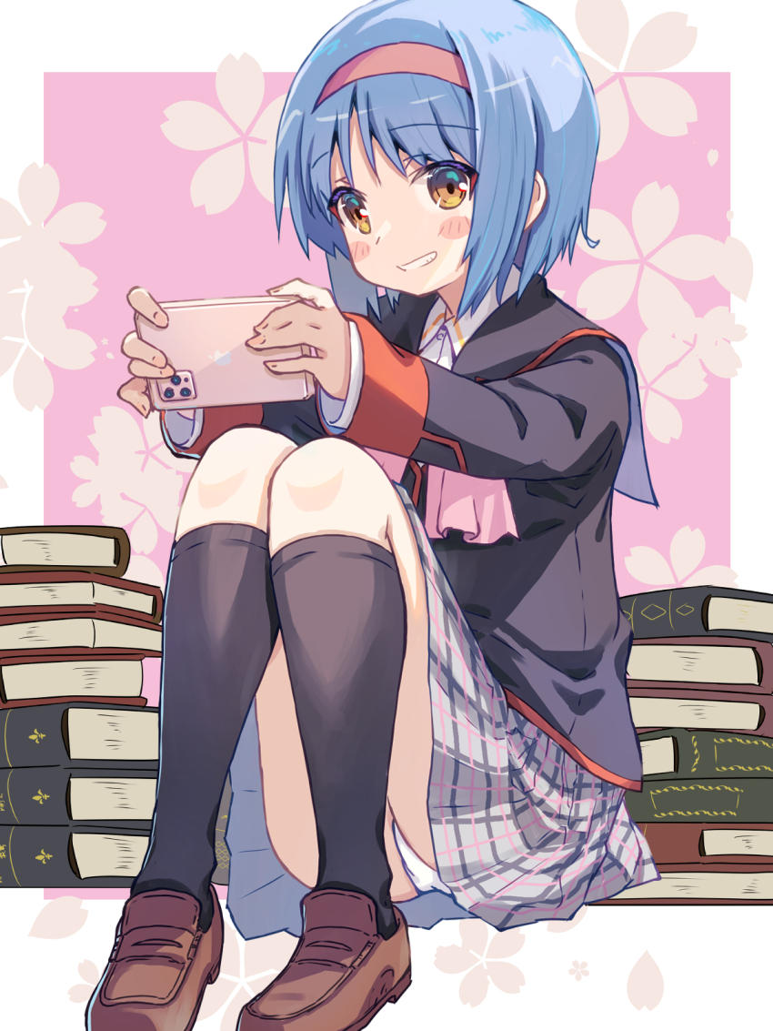 1girl akayama_yukihe black_jacket black_socks blue_hair blush_stickers book book_stack border brown_eyes brown_shoes cellphone collared_shirt commentary eyes_visible_through_hair floral_background full_body grey_skirt grin hair_between_eyes hairband happy highres holding holding_phone jacket kneehighs knees_together_feet_apart little_busters! little_busters!_school_uniform loafers looking_at_viewer medium_hair miniskirt nishizono_mio outside_border outstretched_arms panties phone pink_background plaid_clothes plaid_skirt pleated_skirt red_hairband school_uniform shirt shoes simple_background sitting skirt sleeves_past_wrists smartphone smile socks solo straight_hair tareme underwear white_border white_panties white_shirt