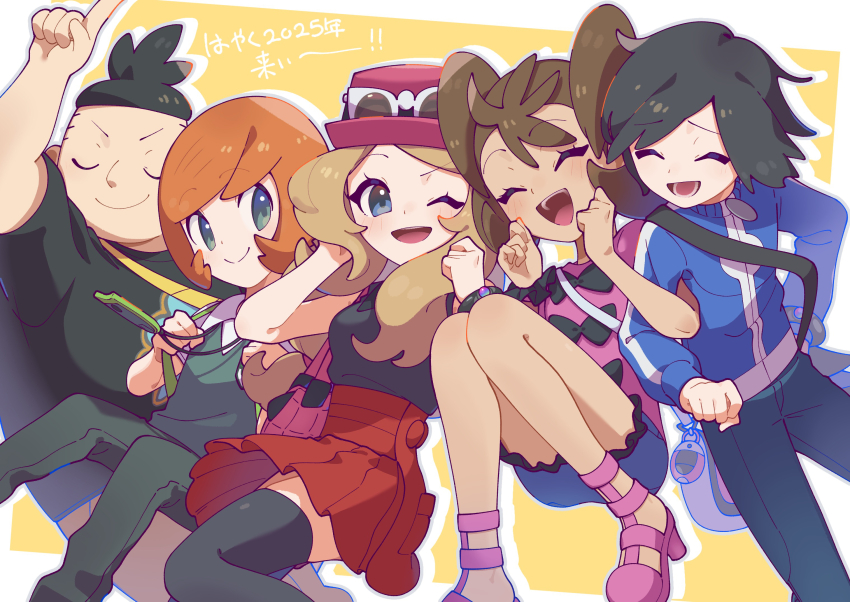 2girls 3boys bag black_hair black_shirt black_thighhighs blue_eyes blue_jacket brown_hair calem_(pokemon) hat highres jacket multiple_boys multiple_girls nintendo omochi_(omotimotittona3) orange_hair pink_hat pokemon pokemon_xy serena_(pokemon) shauna_(pokemon) shirt shorts simple_background thighhighs tierno_(pokemon) trevor_(pokemon)