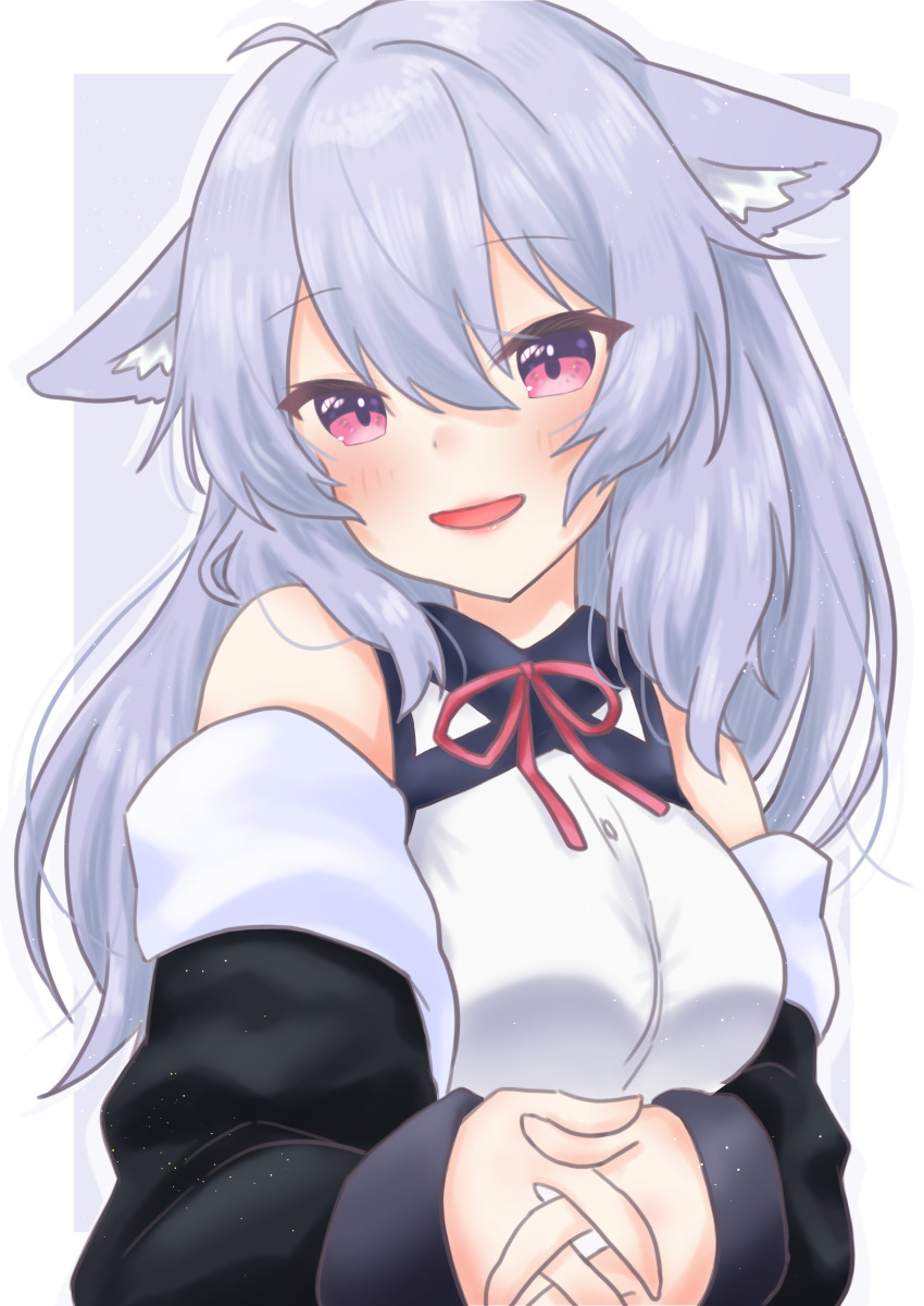 1girl :d absurdres ahoge animal_ear_fluff animal_ears bare_shoulders black_jacket blush breasts grey_hair hair_between_eyes highres jacket kikyo_(vrchat) long_hair long_sleeves looking_at_viewer medium_breasts neck_ribbon off_shoulder open_mouth own_hands_together pink_eyes purple_hair red_ribbon ribbon shirt sleeveless smile solo upper_body vrchat white_shirt
