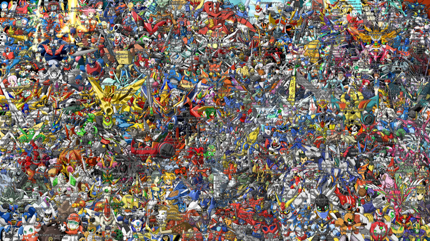 009_re:cyborg 00_gundam 00_qan[t] 6+boys 6+girls 6+others 8_man_(series) 8man 8man_(character) absolutely_everyone absurdly_detailed_composition absurdres ac_japan acrobunch everyone galaxy_angel galaxy_angel_rune highres multiple_boys multiple_girls multiple_others