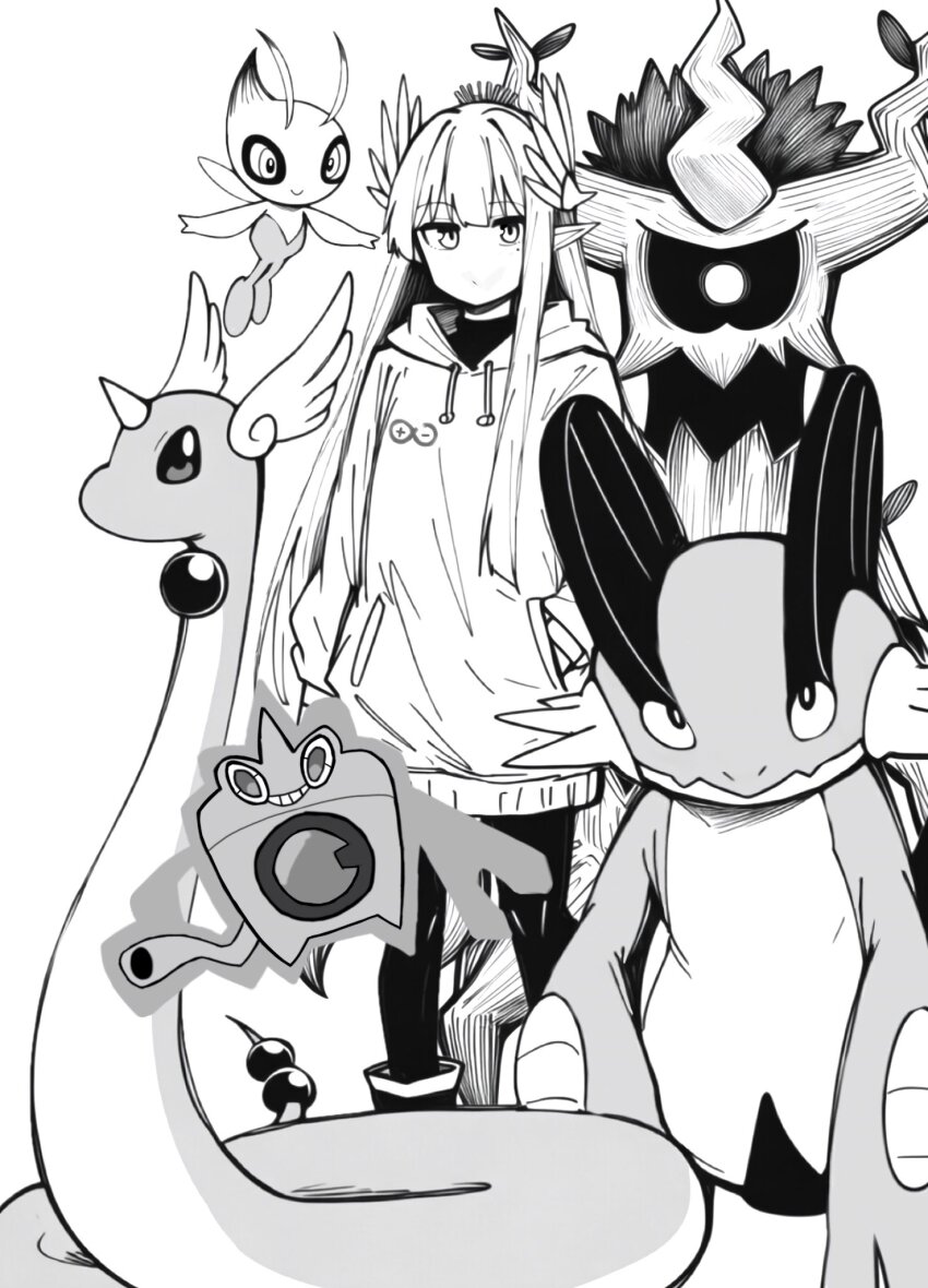 1girl arknights celebi character_request closed_mouth commentary_request drawstring elf gen_2_pokemon gen_4_pokemon greyscale hand_in_pocket highres hood hood_down hoodie legendary_pokemon long_hair long_sleeves looking_at_viewer makigirisu mole mole_under_eye monochrome muelsyse_(arknights) mythical_pokemon nintendo no_nose pantyhose pointy_ears pokemon rhine_lab_logo rotom rotom_(wash) sidelocks solo standing