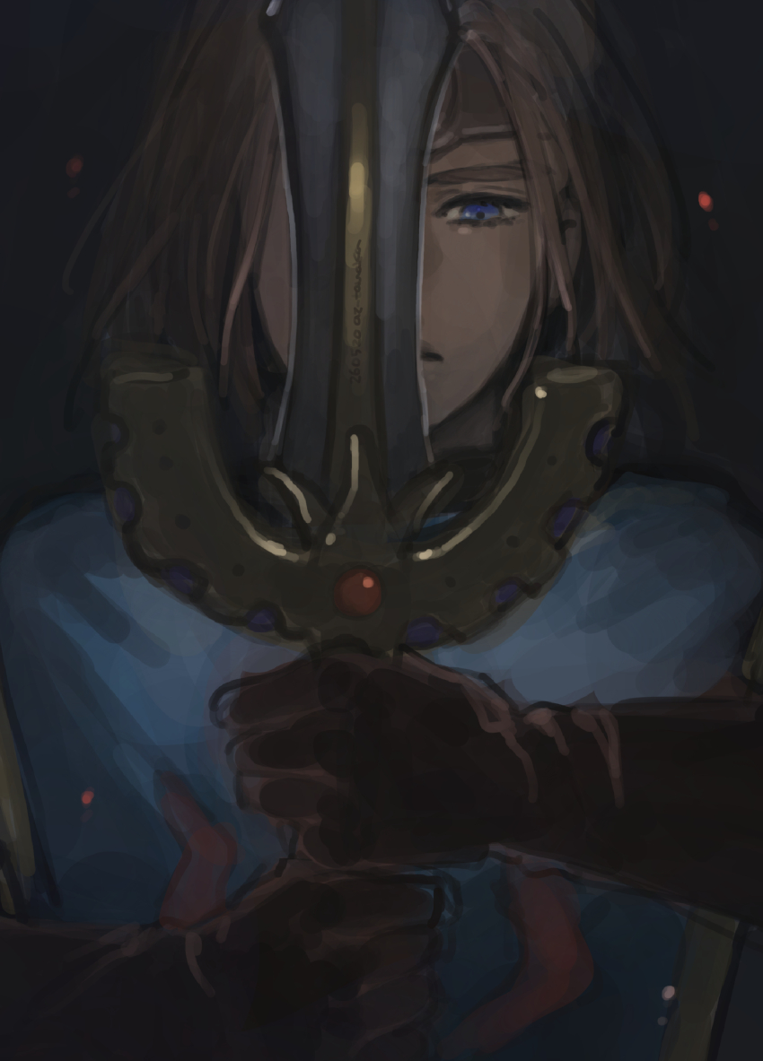 1boy absurdres blue_eyes blue_tabard brown_gloves brown_hair circlet commentary_request cosplay dragon_quest dragon_quest_xi erdrick&#039;s_sword floating_hair gloves grey_background hero_(dq11) highres holding holding_sword holding_weapon hotaru1012 looking_down male_focus official_alternate_costume one_eye_covered parted_hair roche_(dq11) roche_(dq11)_(cosplay) short_hair solo sword tabard upper_body weapon
