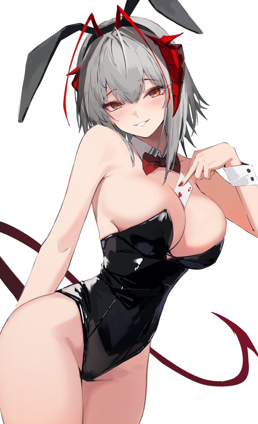 1girl absurdres ace_(playing_card) ace_of_hearts alternate_costume animal_ears antennae arknights bare_shoulders between_breasts black_leotard black_tail breasts card card_between_breasts cleavage commentary_request demon_girl demon_horns demon_tail detached_collar fake_animal_ears grey_hair hair_between_eyes heart highleg highres horns large_breasts latex latex_leotard leotard looking_at_viewer nekomatamago orange_eyes playboy_bunny playing_card rabbit_ears red_horns short_hair simple_background smile solo strapless strapless_leotard tail thighs w_(arknights) white_background white_wrist_cuffs wrist_cuffs