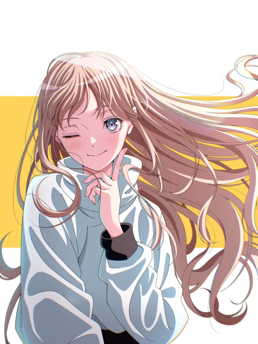1girl bang_dream! bang_dream!_it&#039;s_mygo!!!!! blue_eyes blush brown_hair closed_mouth commentary_request floating_hair highres long_hair long_sleeves looking_at_viewer nagasaki_soyo one_eye_closed smile solo sweater two-tone_background upper_body white_background white_sweater yasou0049 yellow_background