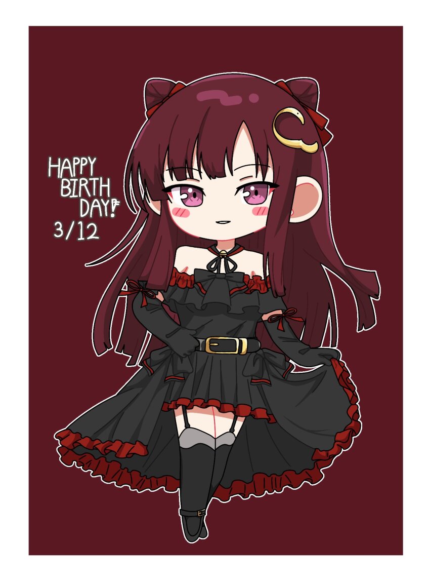 1girl ankle_strap assault_lily bare_shoulders belt belt_buckle black_belt black_collar black_dress black_gloves black_ribbon black_shoes black_thighhighs blunt_bangs blunt_ends blush border bow buckle chibi collar commentary cone_hair_bun double_bun dress elbow_gloves frilled_dress frills full_body garter_straps gloves gozen_(assault_lily) hair_bow hair_bun hair_ornament hand_on_own_hip happy_birthday heel_up high-low_dress high-low_skirt highres light_smile long_hair looking_at_viewer neck_ribbon off-shoulder_dress off_shoulder parted_lips pink_eyes red_background red_bow red_hair red_ribbon ribbon shoes short_sleeves sidelocks skirt_hold solo standing thighhighs very_long_hair white_border yui_(yui1115_)