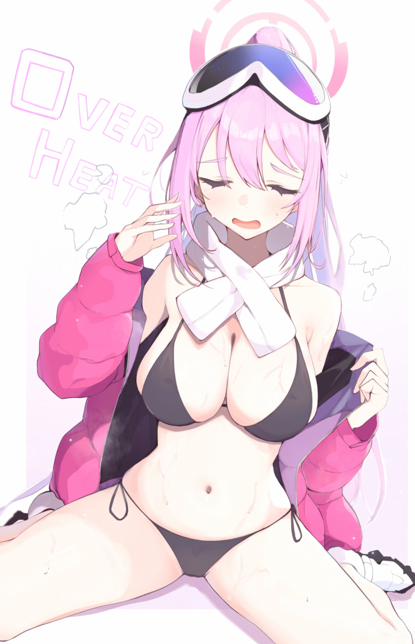 1girl bikini black_bikini blue_archive blush breasts cleavage closed_eyes commentary_request eimi_(blue_archive) eimi_(swimsuit)_(blue_archive) english_text goggles goggles_on_head gradient_background hair_between_eyes halo high_ponytail highres hot jacket large_breasts long_hair long_sleeves matchadzuke navel open_clothes open_jacket open_mouth padded_jacket pink_hair pink_halo pink_jacket ponytail scarf shoes side-tie_bikini_bottom simple_background sitting solo stomach sweat swimsuit thighs wariza white_background white_scarf white_shoes