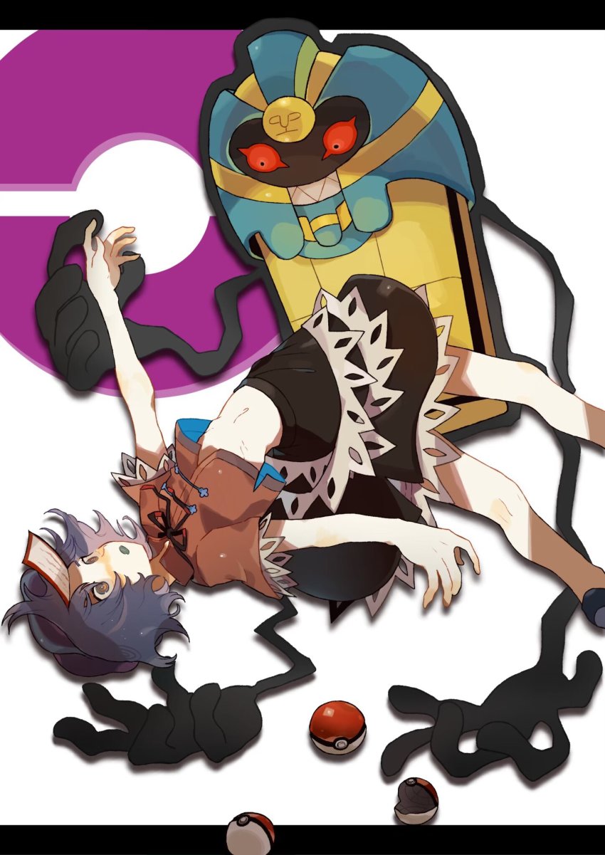 1girl black_eyes black_footwear black_neckwear black_ribbon black_skirt cabbie_hat cofagrigus commentary crossover dress falling game_freak gen_5_pokemon hat highres jiangshi letterboxed looking_at_another medium_hair miyako_yoshika navel nintendo ofuda open_poke_ball outstretched_arms poke_ball poke_ball_symbol pokemon pokemon_(creature) purple_hair purple_headwear red_eyes red_shirt ribbon shirt short_sleeves skirt smile tabun_(osoracu) touhou trait_connection white_background wide_sleeves