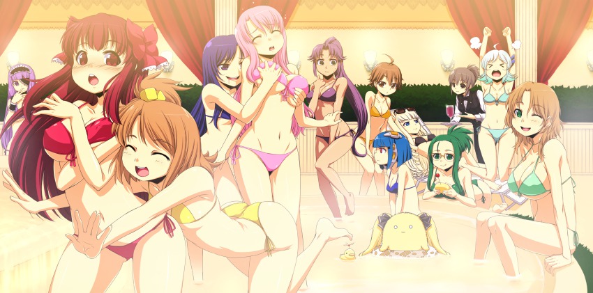 &gt;_&lt; 6+girls ahoge airi_(dream_c_club) amane_(dream_c_club) angry asuka_(dream_c_club_zero) bikini blunt_bangs blush breasts chair cleavage closed_eyes cube_hair_ornament cup curtains dark-skinned_female dark_skin dream_c_club dream_c_club_(series) dream_c_club_zero drinking_glass everyone eyepatch front-tie_top futaba_riho glasses grabbing_another&#039;s_breast groping hair_ornament haruka_(dream_c_club) high_ponytail highres ili_(dream_c_club) indoors innertube large_breasts legs long_hair long_image lounge_chair mari_(dream_c_club) mian_(dream_c_club) mio_(dream_c_club) multiple_girls nao_(dream_c_club) navel nonono_(dream_c_club) onija_tarou open_mouth pink_hair ponytail pool receptionist_(dream_c_club) reika_(dream_c_club) rui_(dream_c_club) setsu_(dream_c_club) side-tie_bikini_bottom smile swim_ring swimsuit thighs underboob water wide_image wine_glass yuri