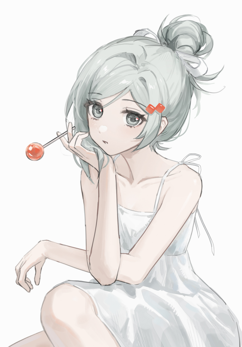 1girl candy collarbone dress elbow_on_thigh food grey_eyes grey_hair hair_ornament head_rest highres holding holding_candy holding_food holding_lollipop lollipop looking_at_viewer reverse:1999 simple_background solo spaghetti_strap vertin_(reverse:1999) white_background white_dress yukiri_(l_ii)