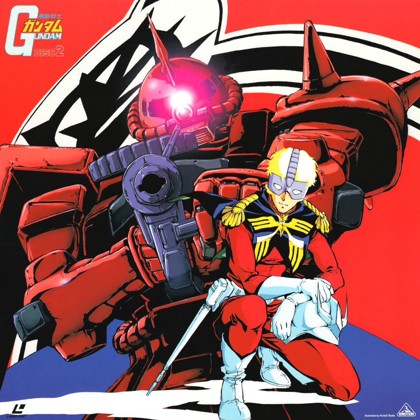 1970s_(style) 1boy absurdres aiming aiming_at_viewer blonde_hair boots char_aznable copyright_name cover covered_eyes dvd_cover epaulettes facing_viewer gloves glowing glowing_eye gun gundam helmet highres holding holding_gun holding_weapon horns jacket mask mecha military military_uniform mobile_suit mobile_suit_gundam official_art oldschool on_one_knee one-eyed ousaka_hiroshi pants red_eyes red_jacket red_pants retro_artstyle robot science_fiction second-party_source short_hair shoulder_spikes single_horn smile spikes unworn_headwear unworn_helmet weapon white_footwear white_gloves zaku_ii_s_char_custom zeon