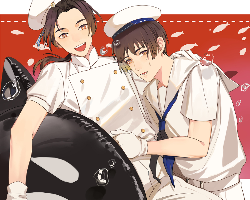 2boys anchor_symbol axis_powers_hetalia belt beret black_neckerchief blonde_hair blue_neckerchief blunt_ends border brown_eyes brown_hair bubble buttons china_(hetalia) chinese_commentary colored_inner_hair commentary_request fish_background gloves hair_between_eyes hat highres holding holding_stuffed_toy japan_(hetalia) jingtianruoling long_hair looking_at_viewer low_ponytail male_focus mandarin_collar multicolored_hair multiple_boys neckerchief open_mouth orange_eyes outside_border pants ponytail red_background sailor_collar sailor_hat sailor_shirt shirt short_hair short_sleeves smile stuffed_animal stuffed_toy sweatdrop teeth white_belt white_border white_gloves white_hat white_pants white_shirt