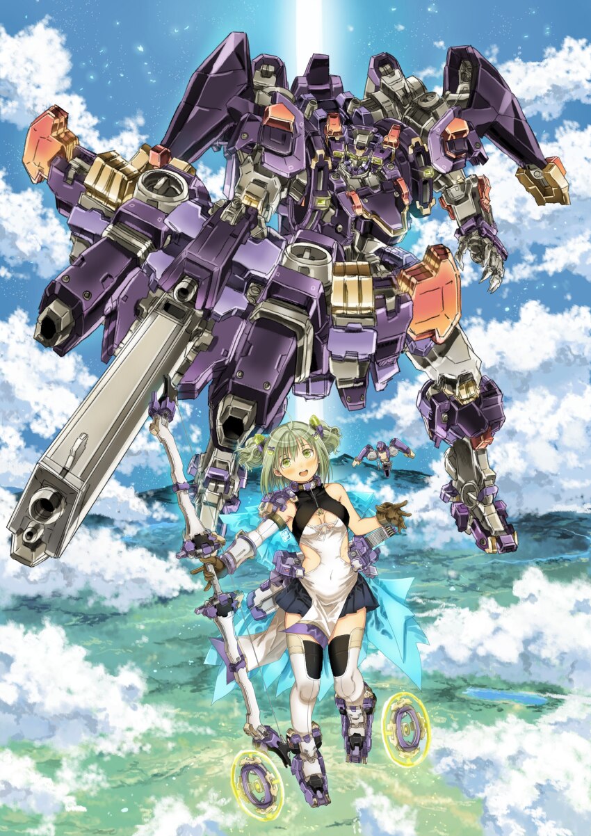 1girl \m/ absurdres black_skirt bow_(weapon) breasts brown_gloves cloud covered_navel dress garimpeiro gloves glowing glowing_eyes green_eyes green_hair gun highres holding holding_bow_(weapon) holding_gun holding_weapon mecha mecha_focus mecha_musume mountain open_hand original robot short_hair skirt sky small_breasts smile thighhighs two_side_up weapon white_dress white_thighhighs