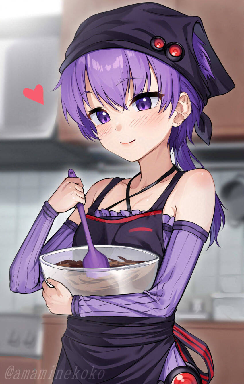 1girl apron bare_shoulders black_headscarf blush bowl breasts chocolate commentary_request cooking criss-cross_halter detached_sleeves dress halterneck headscarf heart highres holding holding_bowl indoors kitchen ponytail purple_dress purple_eyes purple_hair small_breasts smile solo stirring tenneko_yuuri upper_body vocaloid voiceroid yuzuki_yukari