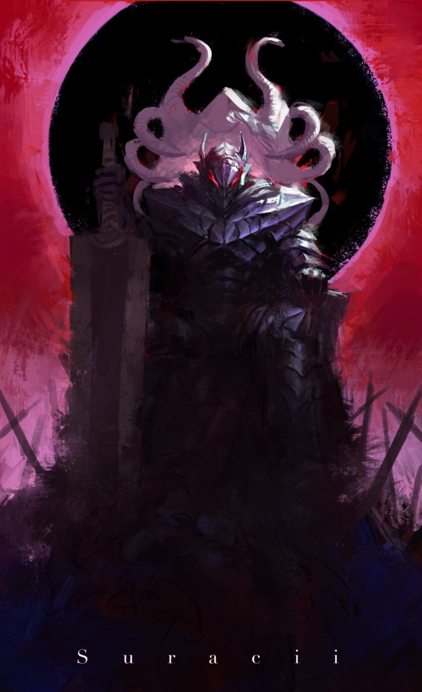 1boy armor berserk berserker_armor black_armor cross dragonslayer_(sword) eclipse fake_horns full_armor full_body glowing glowing_eyes greatsword guts_(berserk) helmet highres holding holding_sword holding_weapon horned_helmet horns huge_weapon male_focus on_chair planted planted_sword planted_weapon red_background red_eyes sitting solar_eclipse solo suracii sword throne weapon
