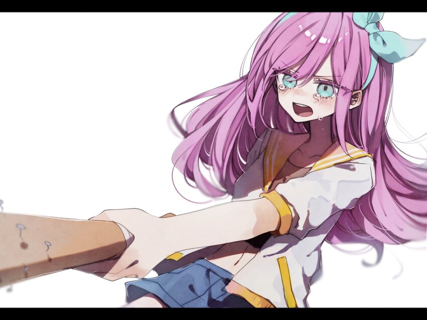 1girl aubrey_(faraway)_(omori) aubrey_(omori) baseball_bat crying crying_with_eyes_open hairband hanabata0320 highres holding holding_baseball_bat jacket letterboxed long_hair looking_at_viewer nail nail_(hardware) nail_bat omori open_mouth pink_hair revision shirt short_sleeves skirt tears white_jacket